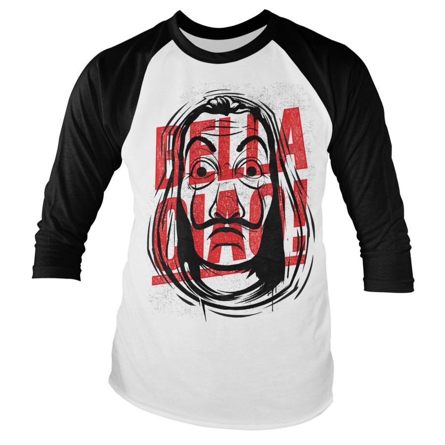 Mann Shirtstore | Masked Bella Ciao Baseball 3/4 Sleeve Tee White-Black