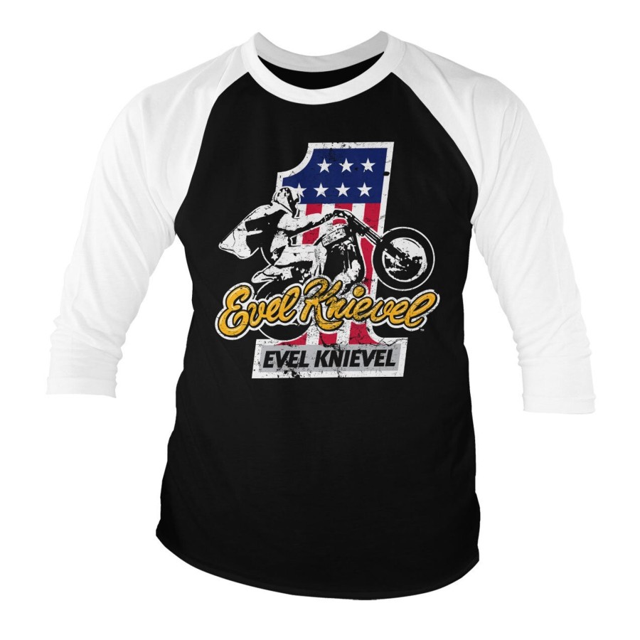 Mann Shirtstore | Evel Knievel No. 1 Baseball 3/4 Sleeve Tee Whiteblack