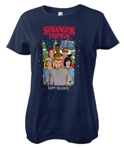 Kvinna Shirtstore | Stranger Things - Happy Holidays Girly Tee Navy