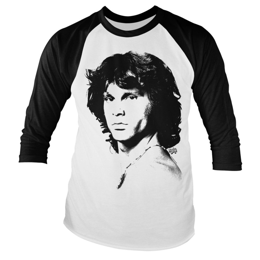 Mann Shirtstore | Jim Morrison Portrait Baseball Long Sleeve Tee White-Black