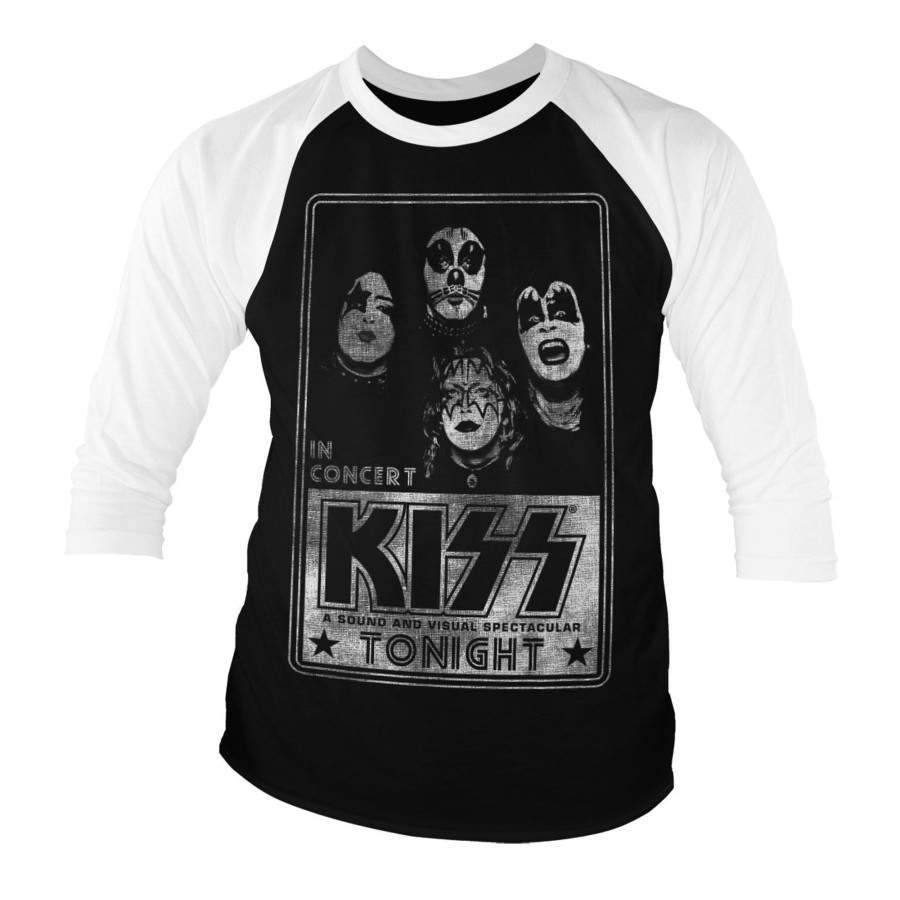 Mann Shirtstore | Kiss In Concert Distressed Poster Baseball 3/4 Sleeve Tee White-Black