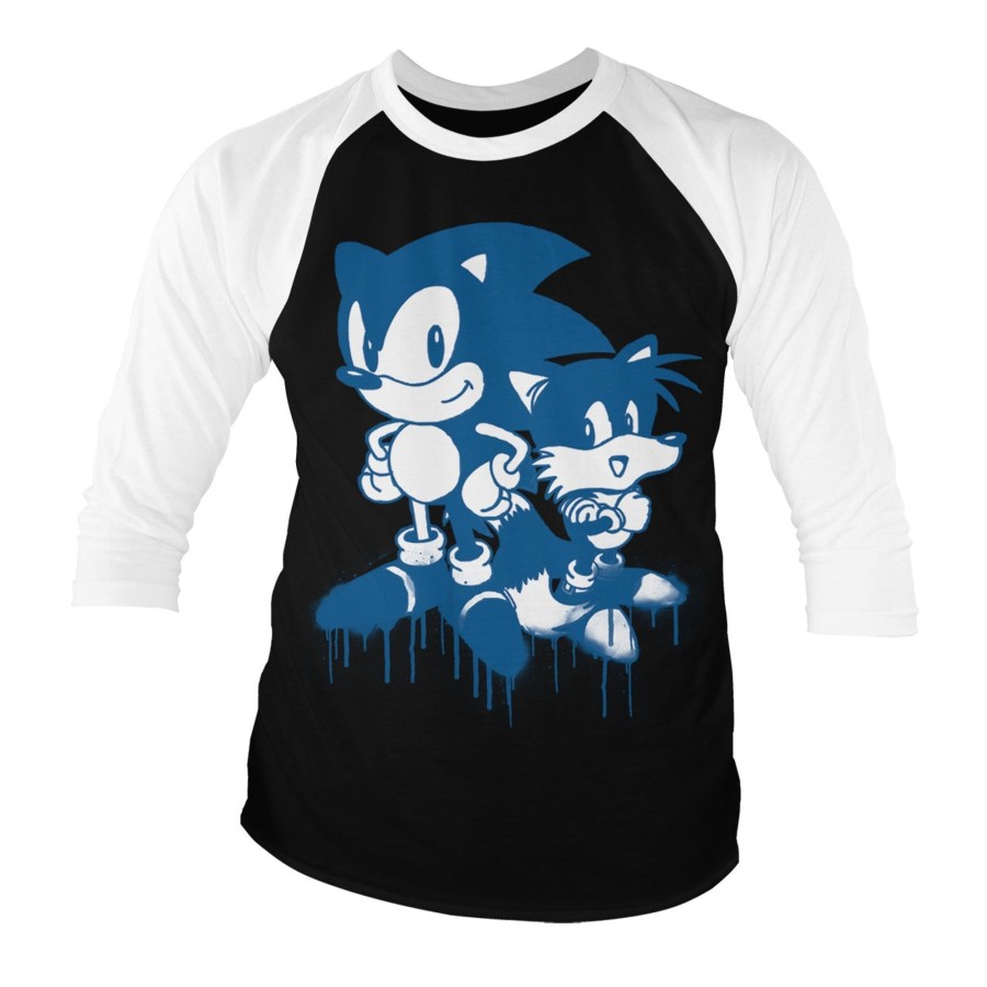 Mann Shirtstore | Sonic And Tails Sprayed Baseball 3/4 Sleeve Tee White-Black
