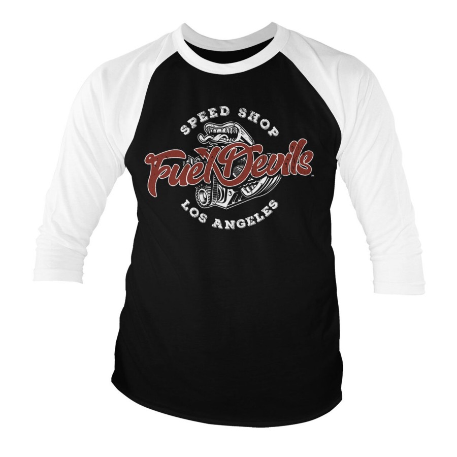 Mann Shirtstore | Fuel Devils Speed Shop Baseball 3/4 Sleeve Tee Whiteblack