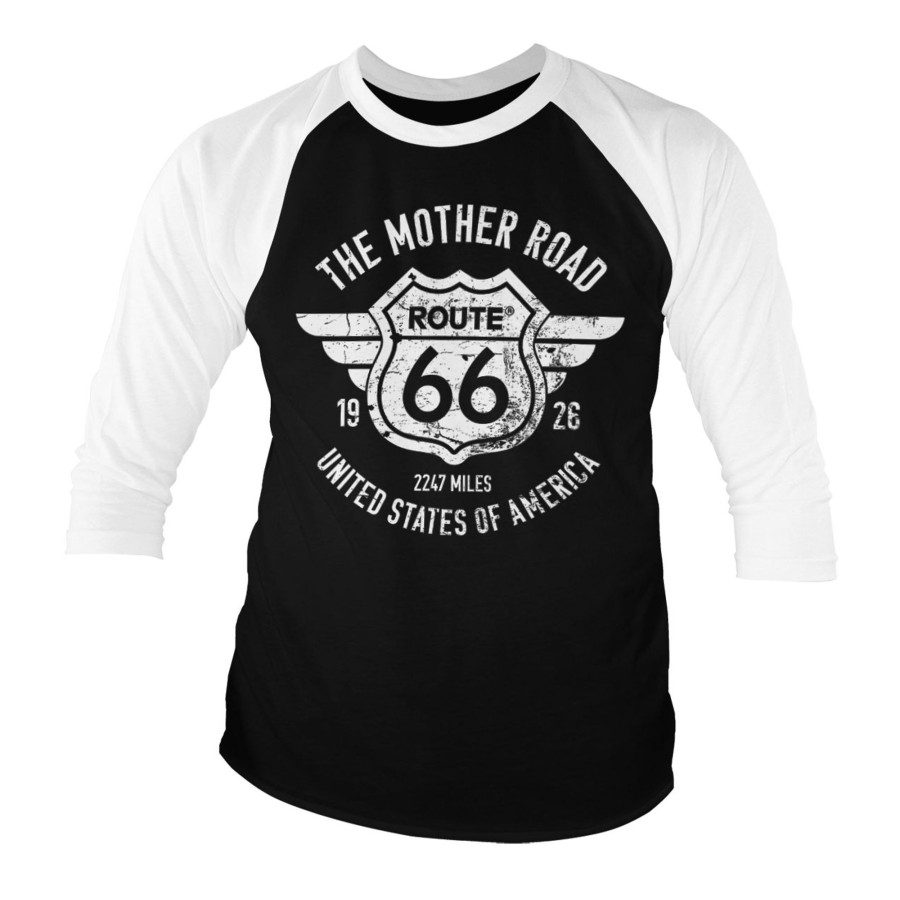 Mann Shirtstore | Route 66 - The Mother Road Baseball 3/4 Sleeve Tee White-Black