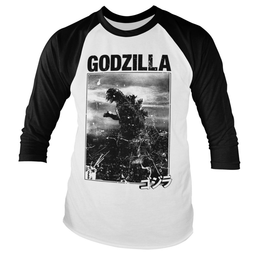 Mann Shirtstore | Godzilla Vintage Baseball Long Sleeve Tee Whiteblack