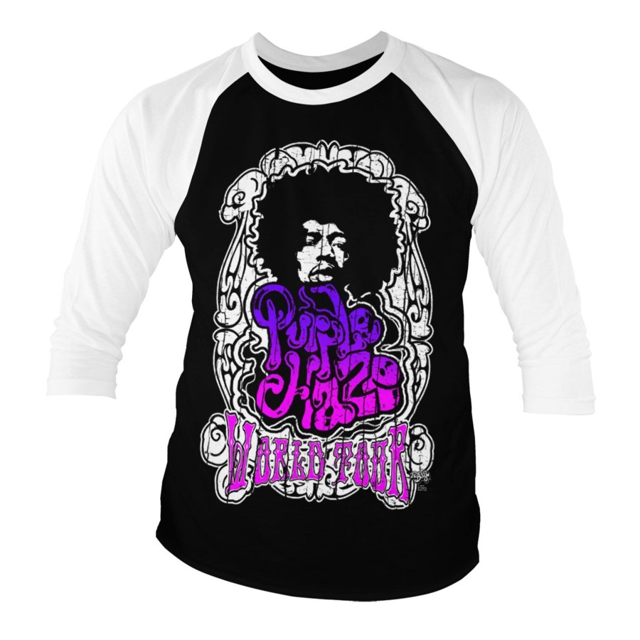 Mann Shirtstore | Jimi Hendrix - Purple Haze World Tour Baseball 3/4 Sleeve Tee White-Black