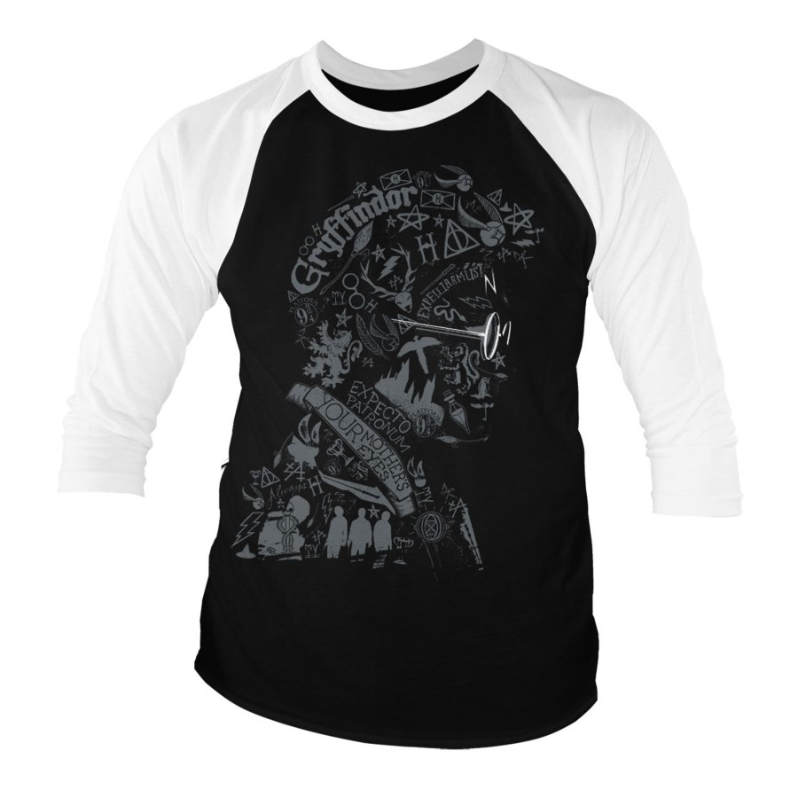 Mann Shirtstore | Harry Potter Wordings And Symbols Baseball 3/4 Sleeve Tee White-Black