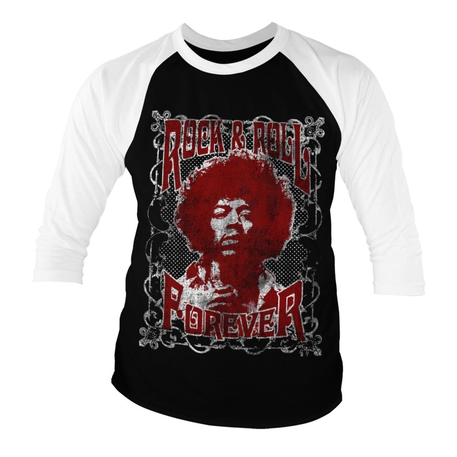 Mann Shirtstore | Jimi Hendrix - Rock 'N Roll Forever Baseball 3/4 Sleeve Tee White-Black