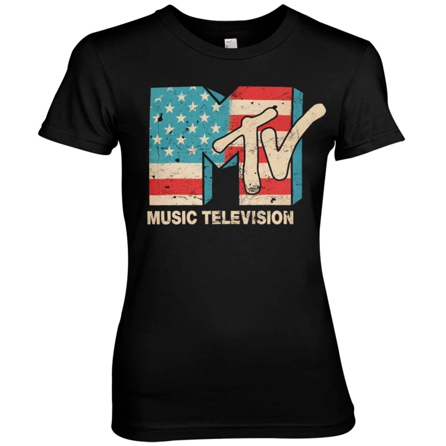 Kvinna Shirtstore | Mtv Distressed Usa-Flag Girly Tee Black